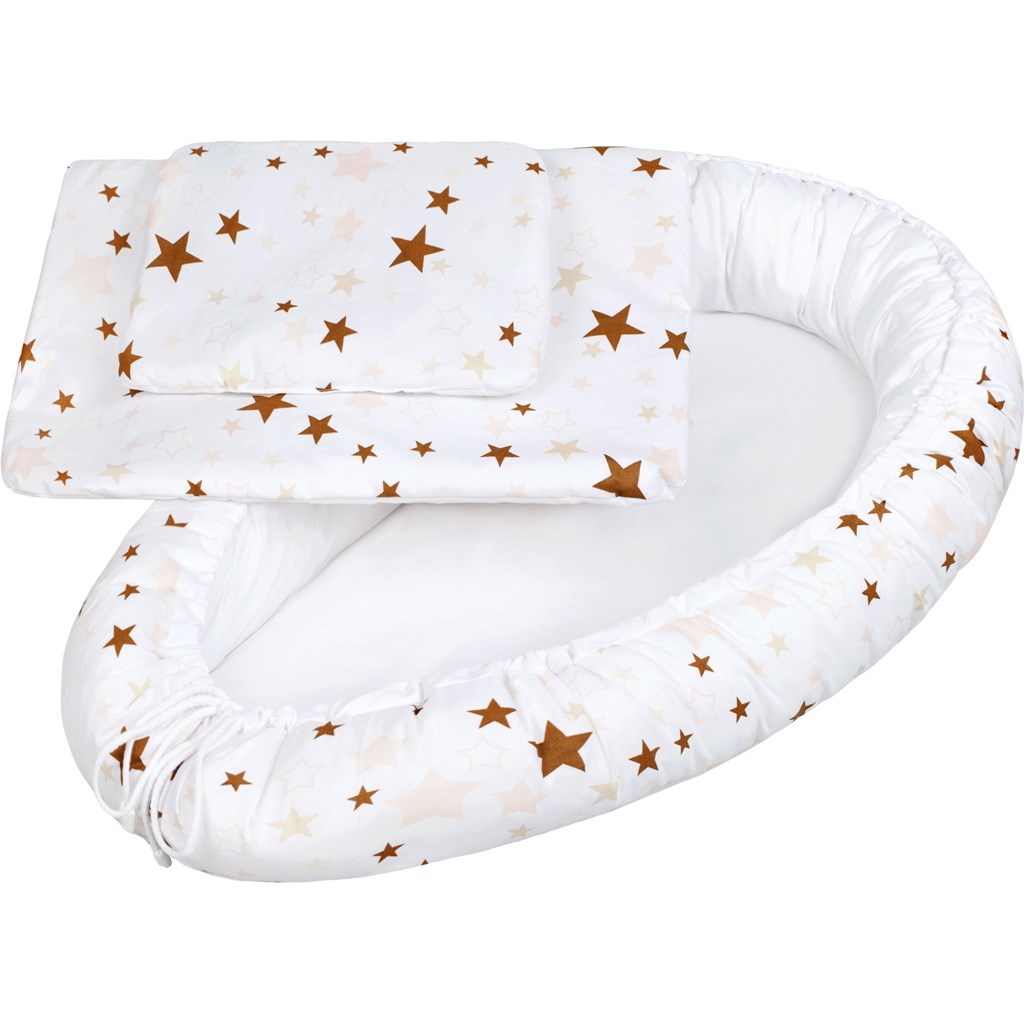 Luxus babafészek párnával és paplannal kisbabák számára New Baby csillagok barna
