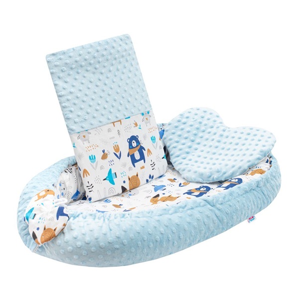 Luxus babafészek párnával és paplannal New Baby Minkyből kék
