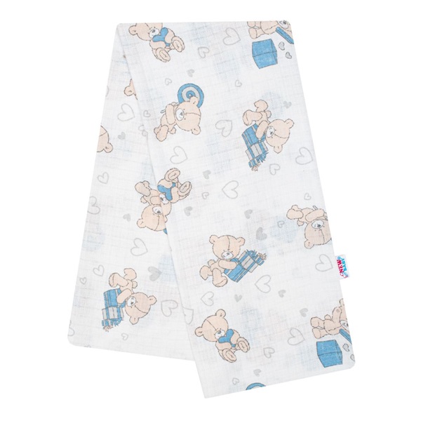 Pamut pelenka nyomtatott mintával New Baby fehér maci kék ajándékkal