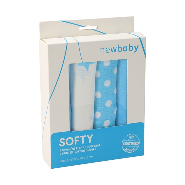 Pamut tetra pelenka New Baby Softy nyomtatott mintával  70 x 70 cm 4 db fehér-türkiz