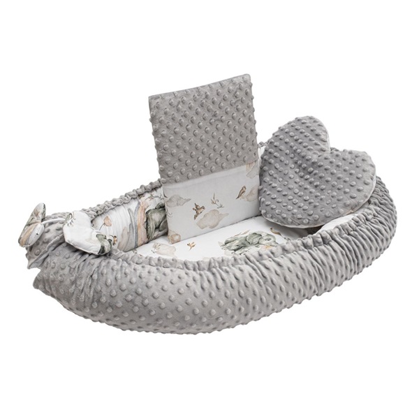 Luxus babafészek párnával és paplannal New Baby Minkyből Elefántok fehér-szürke