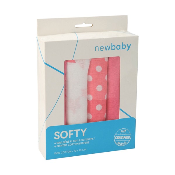 Pamut tetra pelenka New Baby Softy nyomtatott mintával 70 x 70 cm 4 db fehér-rózsaszín (sérült csomagolás)