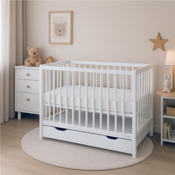Gyerek kiságy fiókkal New Baby BASIC fehér (Újszerű)